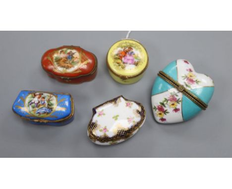 Five enamelled trinket boxes including Staffordshire and Limoges