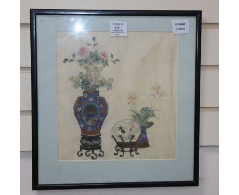 A Chinese painting on silk of antiques and flowers, c.1900,CONDITION: It is undulated and has previously been folded into qua