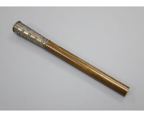 A turquoise enamel and rose cut diamond mounted parasol handle, initialled E