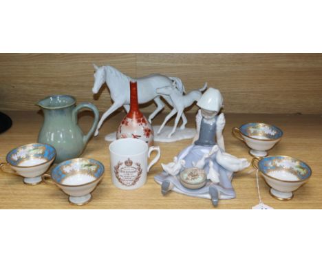 Four Noritake teacups and a Lladro girl with ducks, etc.