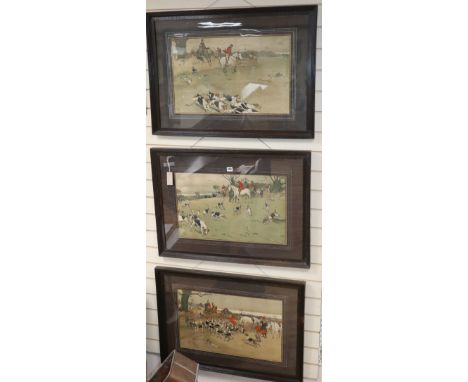 After Cecil Aldin (1870-1935) - Three coloured hunting lithographs, with original oak frames and oak veneer slips, 37 x 60cm,