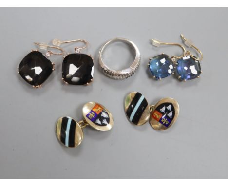 A pair of 9ct gold and enamel cuff links, Birmingham 1926, two pairs of paste earrings stamped '14k' and a pave set ring stam