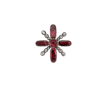 A Georgian garnet and diamond brooch, in the form of a cross, with a central cushion shaped garnet and oval faceted garnets a