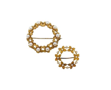 Two wreath style pearl brooches,  first, the larger wreath set with ten 4mm pearls, diameter 3.5cm, pin and roller catch fitt