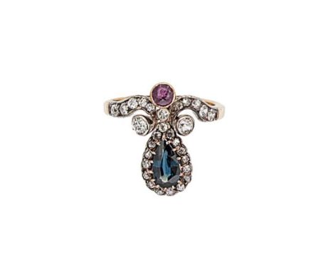 A Victorian sapphire, synthetic ruby and diamond ring, pear shaped sapphire, approximately 8.7 x 5mm, estimated approximate w