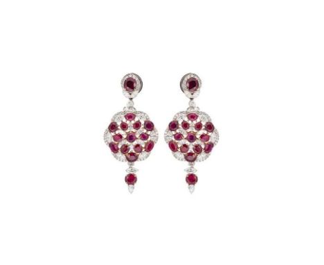 A pair of Burmese ruby and diamond ear pendants,  each with a floral cluster of oval and round faceted rubies, together with 