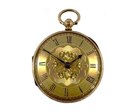 Unsigned - A late 19th century 18ct gold open faced pocket watch, circa 1875, the engine turned dial with floral inner, 35mm 