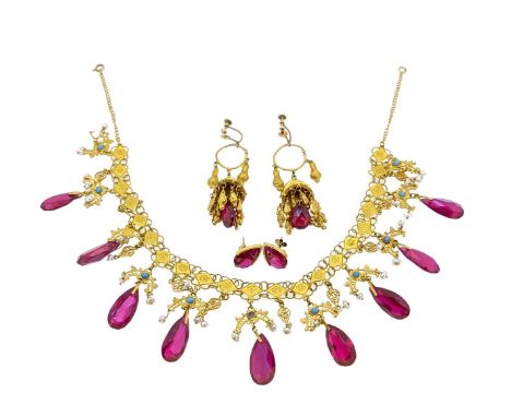 An Asian synthetic ruby, freshwater pearl and turquoise necklace, together with two pairs of earrings, first, the filigree st