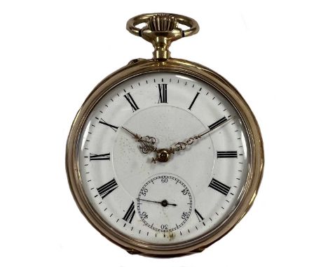 Unsigned - A Swiss 14ct gold open faced pocket watch, circa 1890, the white dial with recessed inner, 40mm diameter, with bla