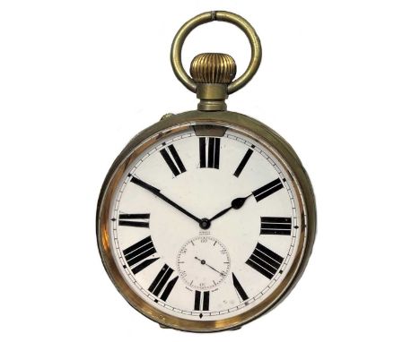 Unsigned - A base metal 'Goliath' open faced pocket watch with silver 'Albert' chain, circa 1895, the white dial, 95mm diamet