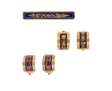 Hermès - A brooch together with two pairs of earrings,  the yellow metal blue cloisonné enamel brooch, dimensions 6 x 1cm, pi