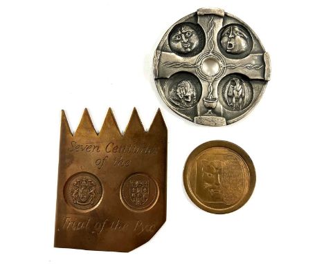 A silver St Dunstan's medal, a Goldsmiths' Company medal and a commemorative replica trial plate, the St Dunstan's medal with