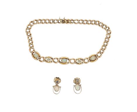 An Edwardian opal and diamond bracelet, together with a pair of opal and diamond ear pendants, the bracelet, set with three o