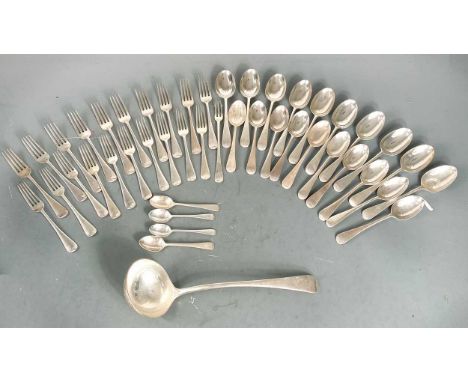 A 49-piece set of George V silver flatware, mark of the Goldsmiths' and Silversmiths' Company, London, mainly 1934, 'Old Engl