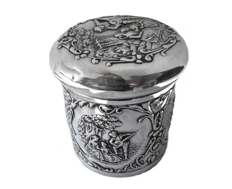 A late Victorian silver cosmetics canister, mark of Henry Matthews, Chester 1900, of cylindrical form, the side with repeatin