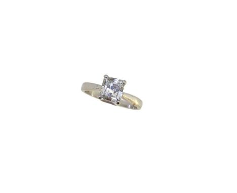 A modern single stone diamond ring, claw set radiant cut diamond, approximately 6.55 x 6mm, depth approximately 4.1mm, estima