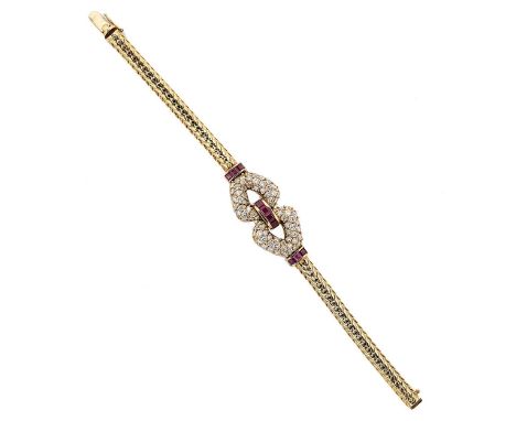 Kutchinsky - A ruby and diamond bracelet, centrepiece consisting of a bar set with calibré cut rubies clasping two chevron st