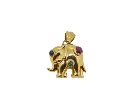 A stone set elephant pendant, plain polished elephant set with a cabochon ruby, a cabochon sapphire and a cabochon emerald, f