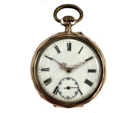 Unsigned - A Swiss 14ct gold open faced pocket watch, circa 1890, the white dial, 37mm diameter, with black Roman numerals, g