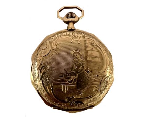 Unsigned - A Swiss 14ct gold hunter pocket watch, circa 1920, the silvered dial with engine turned inner, 43mm diameter, with