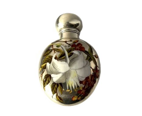 A Victorian silver and enamel perfume bottle, mark of Horton &amp; Allday, Birmingham 1886, of oval form with piano hinged ba