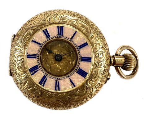 L'Excelsior, Chaux-de-Fonds - An 18ct gold half hunter pocket watch, circa 1935, spring-loaded outer cover hinged at 9 o'cloc