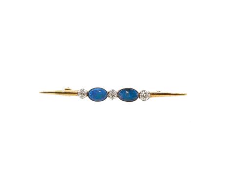 An early 20th century black opal and diamond bar brooch, two oval cabochon black opals and three claw set old European cut di