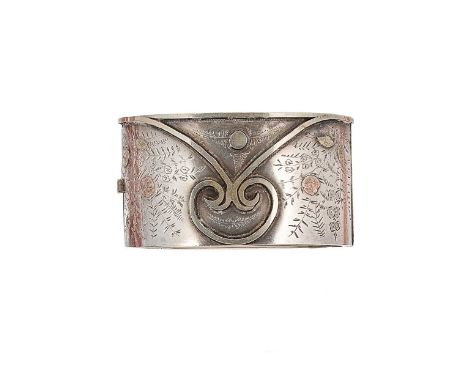 A late Victorian cuff style bangle, decorative front section with floral engraving, applied scroll and yellow and rose colour