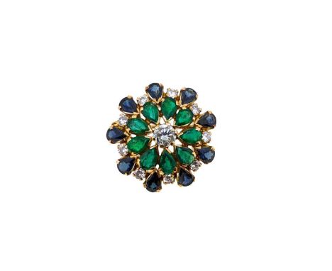 A diamond, sapphire and emerald floral brooch, claw set round brilliant cut diamond, estimated approximate weight 0.66ct, sur