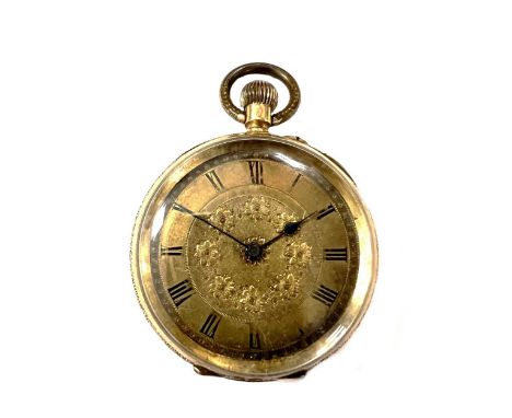 Unsigned - A Swiss 18ct gold open faced pocket watch, circa 1890, the engine turned dial with floral inner, 34mm diameter, wi