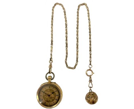 J.W. Benson, London - A Swiss 18ct gold open faced pocket watch with accompanying chain, circa 1920, the engine turned dial w