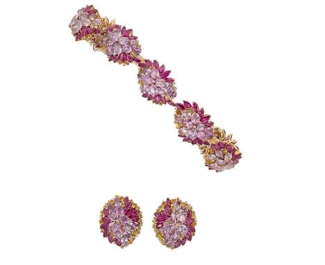 A pink sapphire, yellow sapphire and ruby bracelet, together with a pair of ear clips, the bracelet with seven articulated pa