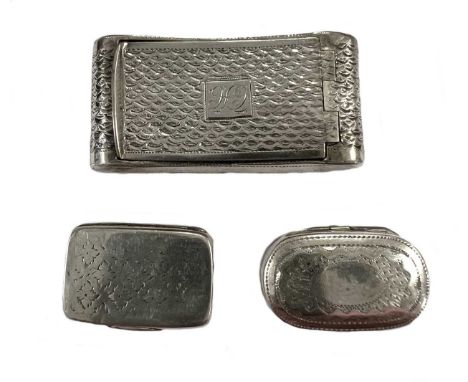 A 19th century silver snuffbox and two miniature vinaigrettes, mark of Joseph Willmore, all Birmingham marked, the snuffbox, 