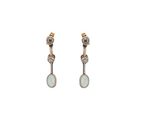 A pair of Edwardian opal and diamond ear pendants, articulated bars, each set with two old European cut diamonds, and termina