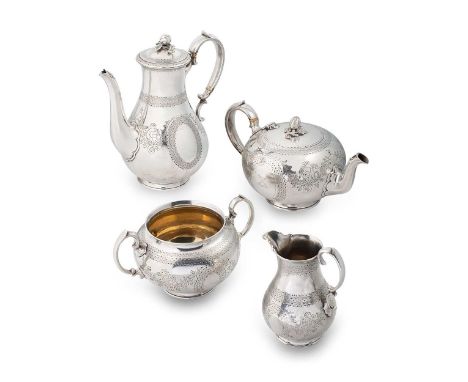 A Victorian silver four-piece tea and coffee set, mark of William Hunter &amp; Son, London 1867, the teapot of circular form,