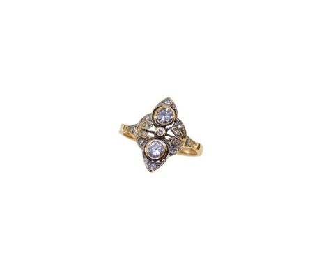 A diamond set panel ring, navette shaped, with two rubover set round brilliant cut diamonds, estimated approximate weight 0.1