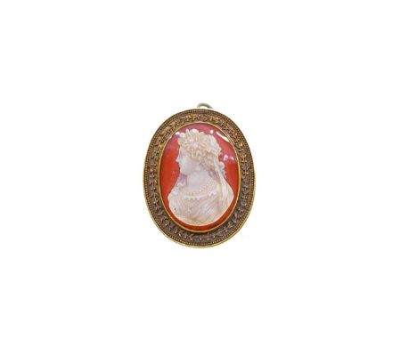 A hardstone cameo pendant/brooch, the carved agate cameo depicting a female bust adorned with decorative jewellery, surrounde