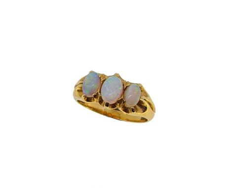 An opal three stone ring, three oval shaped cabochon opals, approximate length from 6 to 7.5mm, approximate width from 4 to 5