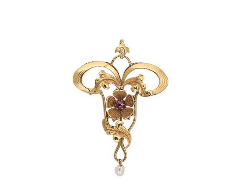 An Art Nouveau pendant, openwork floral design, set with a central round faceted ruby, and terminating in a pearl dropper, pi