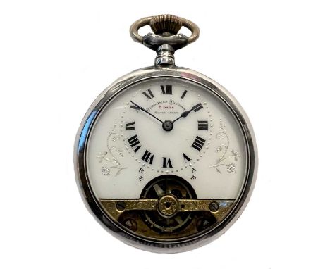 Schild & Cie. - A silver 'Hebdomas' 8 day open faced pocket watch,  circa 1915, the signed white dial with gold coloured deco