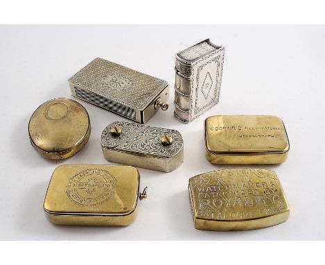A LATE VICTORIAN NICKEL "PUZZLE OPENING" VESTA CASE with engraved covers and rounded ends, another nickel vesta case with eng