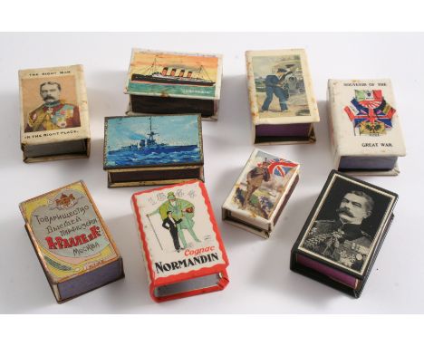 NINE VARIOUS MATCH BOX COVERS mostly with celluloid wrap-arounds (Normandin Cognac, Souvenirs of the Great War, one Russian, 
