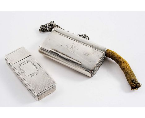 A VICTORIAN SILVER COMBINED VESTA CASE & SLOW MATCH HOLDER with an engraved monogram or emblem on the cover, the interior ins