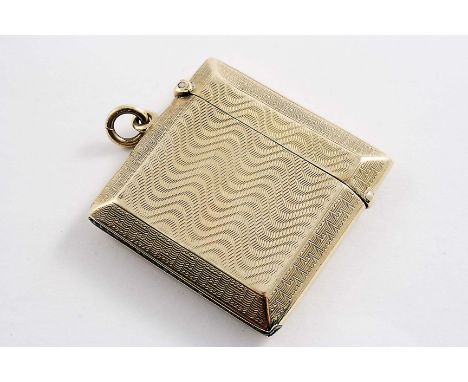 A 9 CT. GOLD SQUARE VESTA CASE with engine-turned decoration by Britton & Sons, Birmingham 1925;  1.65"  (4.2 cms) square;  0