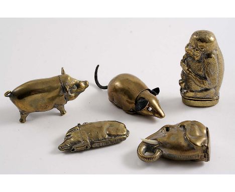 NOVELTY BRASS VEST CASES LATE 19TH / EARLY 20TH CENTURY:- A pig, a rodent, an elephant mask, a monkey smoking a pipe, and a b