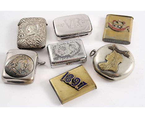 SEVEN LATE VICTORIAN VESTA CASES (either brass or plated, some with enamel), to commemorate the reign of Queen Victoria;  the