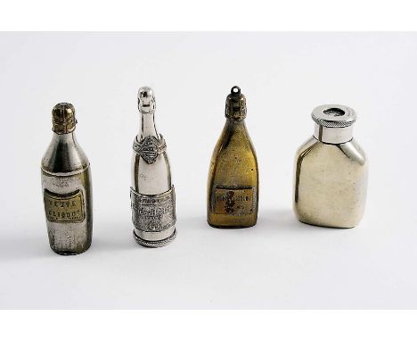 AN EARLY 20TH CENTURY VIENNESE PLATED "VEUVE CLIQUOT" ADVERTISING BOTTLE-SHAPED VESTA CASE with a figure inside, a brass "Hen