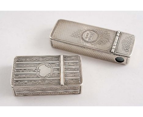 AN EARLY VICTORIAN SILVER "TINDERBOX" VESTA CASE with engine-turned decoration & a vacant cartouche on the large cover, by Ed