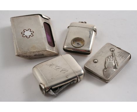 A LATE VICTORIAN SILVER VESTA CASE inset with a compass by Burrows & Mills, Birmingham 1900, a silver match box cover with en