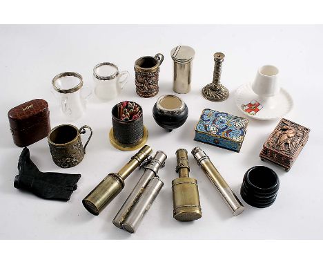 AN EARLY 20TH CENTURY BRASS "BEANFILS" VESTA CASE & TRAVELLING CANDLESTICK COMBINED, another similar nickel-plated example, a
